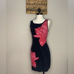 Express Black Pink Flowers Shimmer Sequins Sleeveless Dinner Party Pencil Dress